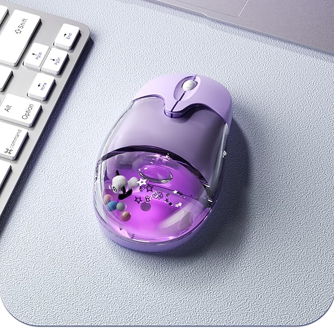 Cute Clear Aqua Mice RechargeableBluetooth &amp2.4G WirelessLed LightsGreat Gift for Kids Girls Women (Liquid Water &amp Panda Design)-Purple