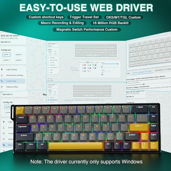 AULA WIN68 HE MAX - Hall Effect Gaming Keyboard with Magnetic Switch Adjustable Actuation Fast Trigger Mode 8KHz Polling Rate RGB Backlit Wired Mechanical Gaming Keyboard 60 Percent