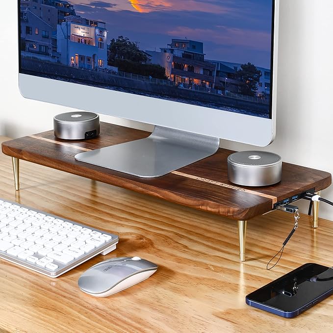 Monitor Stand Wood Riser with 4 USB Ports Computer Monitor Stand with America Walnut Data Transfer Charging Hub -Compatible with Computer Mac PCs Smartphone 20.5*8.3in