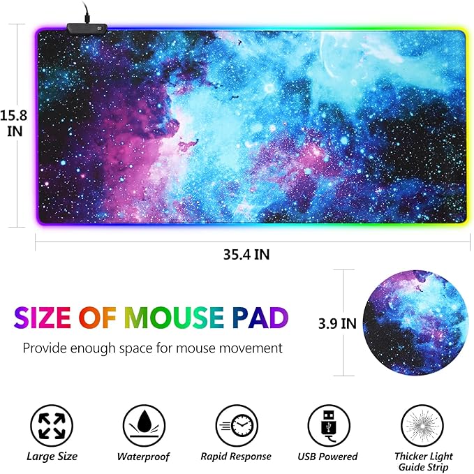 AIMSA RGB Gaming Mouse Pad Extended Large Led Mousepads Non-Slip Rubber Base with 14 Lighting Modes Computer Keyboard Mat Soft Desk pad Waterproof 35.4 x 15.8 inches Galaxy Nebula Universe