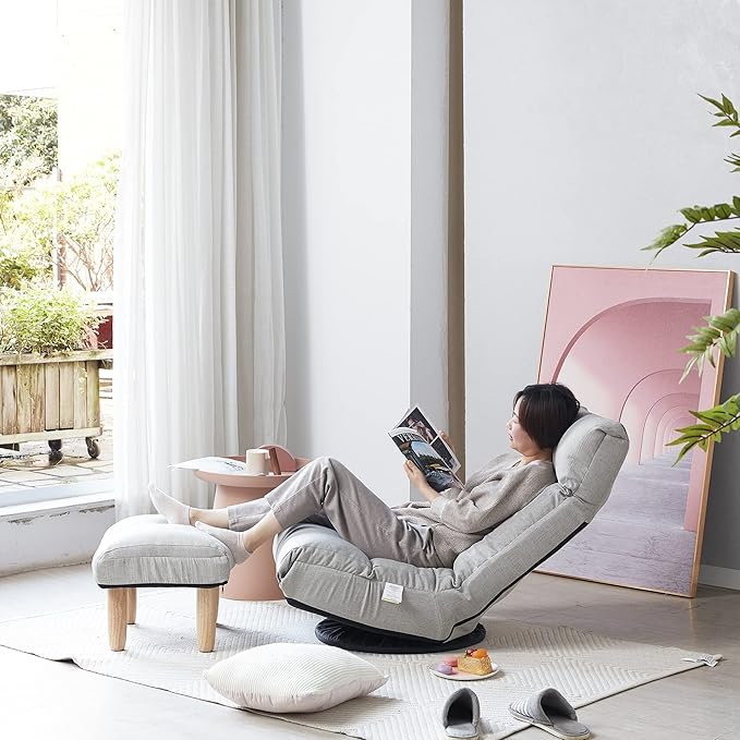 Yoglad Japanese Style Chaise Lounge Sofa 360-Degree Swivel Chair Floor Gaming Chair Lazy Sofa for Reading Game Meditating 3 Adjustable Positions with Comfortable Backrest (Gray+Ottoman)