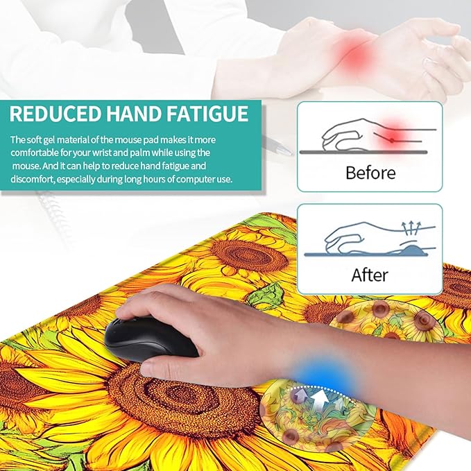 Keyboard Mouse Pad Set Extended Gaming Mouse Pad+Ergonomics Keyboard Wrist Rest Support Memory Foam Easy Typing Pain Relief 4Pcs XL Ultra Thick Desk MatVibrant Sunflower Field