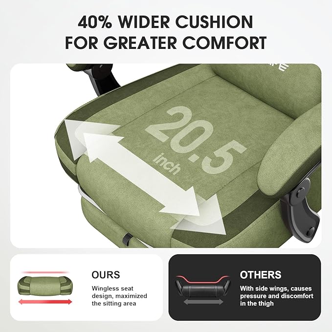 Gaming Chair Fabric Computer Office Chair with Massage Ergonomic Chair with Footrest Lumbar Support Pocket Spring Widened Cushion Metal Legs 350LBS Dark Green