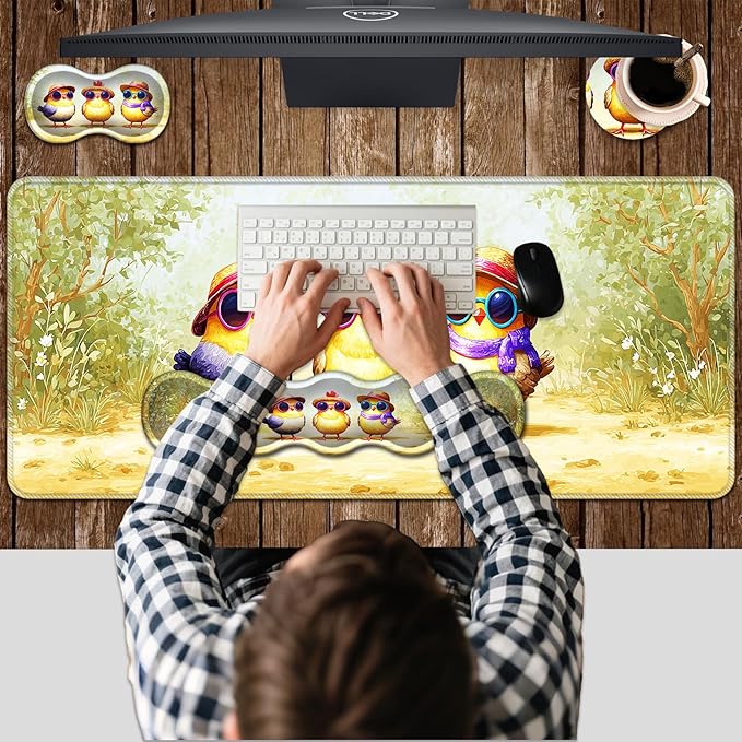 Ergonomic Keyboard Wrist Rest &amp Mouse Pad Wrist Rest SetXL Gaming Desk Mat 31.5x 11.8Non-Slip BaseMemory FoamEasy Typing Pain Relief for Office &amp HomeCute Chickens with Hats