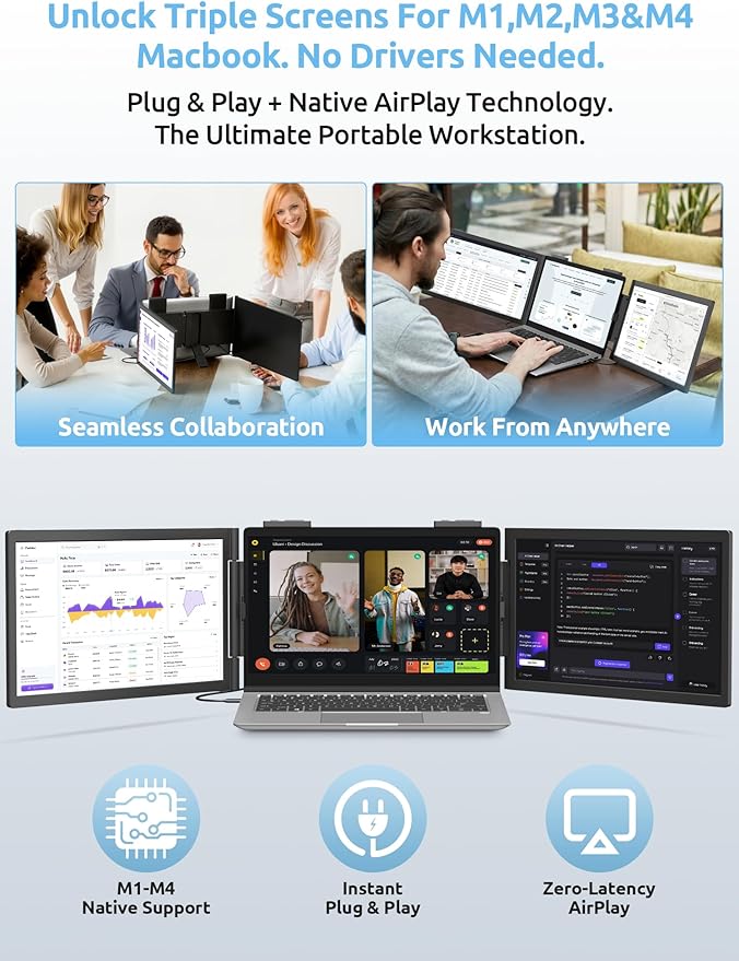 Dual Laptop Screen Extender 14 1080P IPS Wireless &amp Wired Portable Triple Monitor Hybrid Connection (1 Cable + Wireless) for 13.3-16.1 Laptops Support MacBook M1-M5 Series&amp Windows(No Spe