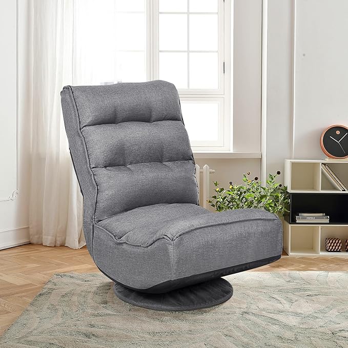 BestComfort 360-Degree Swivel Floor Gaming Chair 5-Position Adjustable Reclining Folding Floor Sofa Chair for Watching TV Reading Lounging Playing Video Game Home Office Floor Chair (Grey)