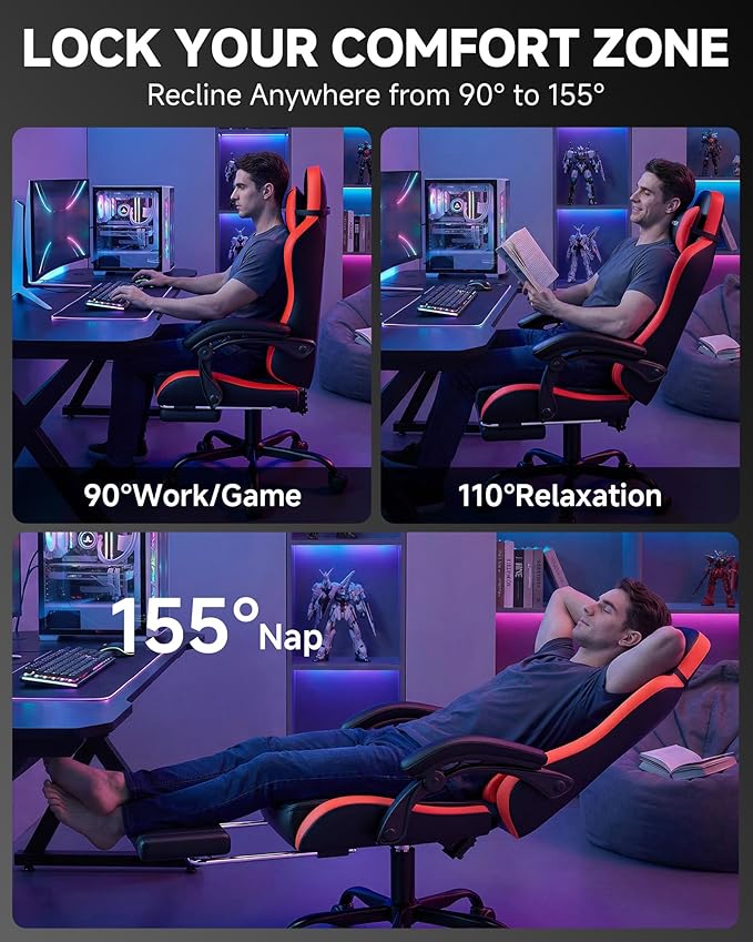GTPLAYER Gaming Chair for Adults Ergonomic Computer Gaming Chair with Footrest Height Adjustable 90-155° Recline &amp Removable Headrest Lumbar Support Black&ampRed