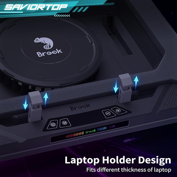 Brook Saviortop Gaming Laptop Cooling Pad – High-Speed 3500 RPM Laptop Cooler with Turbo Fan RGB Cooling Stand for 10-19 Inch Laptops Touch Control USB-C Hub Adjustable Height Quiet Cooling Fan