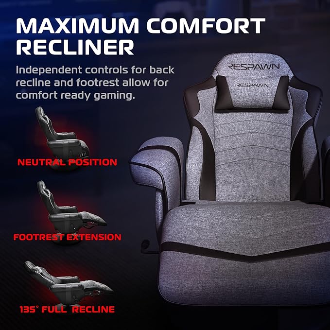RESPAWN 900 Console Gaming Recliner with Footrest and Lumbar Support - Comfortable Ergonomic Gaming Chair with Headrest No Wheels Reclining Heavy Duty Racing Style Video Game Chairs - Gray Fabric