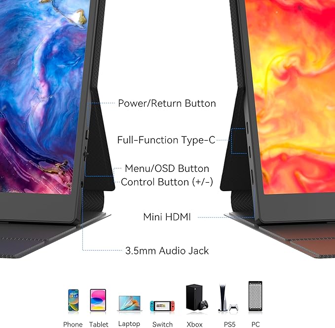 BENFEI Portable Monitor 15.6'' FHD 1080P HDMI USB-C Gaming Display Ultra-Slim IPS HDR Screen w/Smart Cover &amp Speakers Plug &amp Play External Monitor for Laptop PC Phones Tablet PS5/4 Xbox Swi