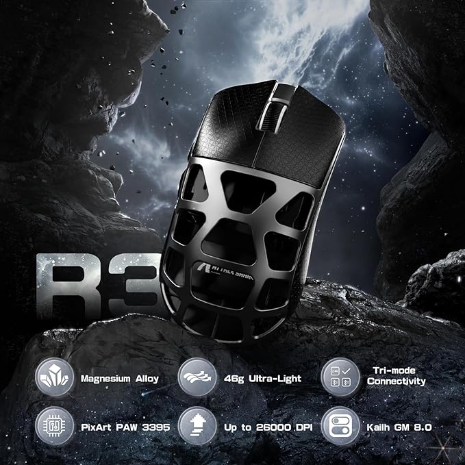 FELICON x Attack Shark R3 Magnesium Alloy Wireless Gaming Mouse 46g Ultra-Lightweight Skeletal Shell PAW3395 26K DPI 8K Polling Tri-Mode 2.4G/BT/Wired for PC Mac Laptop - Gray &amp Griptape
