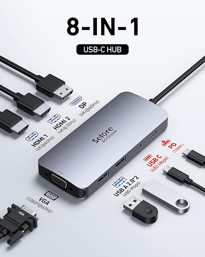 USB C Docking Station Dual HDMI Monitor Adapter Selore USB C Hub 3 Monitors with Dual HDMI Displayport VGA 100W PD Charging 3USB 2.0 Ports Adapter for Dell XPS HP Lenovo etc