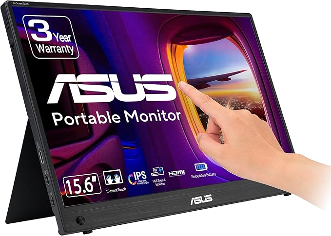 ASUS ZenScreen Touch 16” USB-C Portable Monitor (MB16AMTR) - Full HD IPS Built-in Battery Kickstand Tripod Socket Eye Care Compatible with Laptops Smartphones and Game Consoles 3 yr Warranty