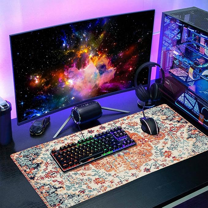 Orange Teal Boho Gaming Mouse Pad Extended 3XL Rug Carpet Bohemian Retro Large Desk Mat Big Mousepad Non-Slip Rubber Base Stitched Edge Long Desk Pad for Desktop Office PC Gamer47.2x23.6 in120x60cm