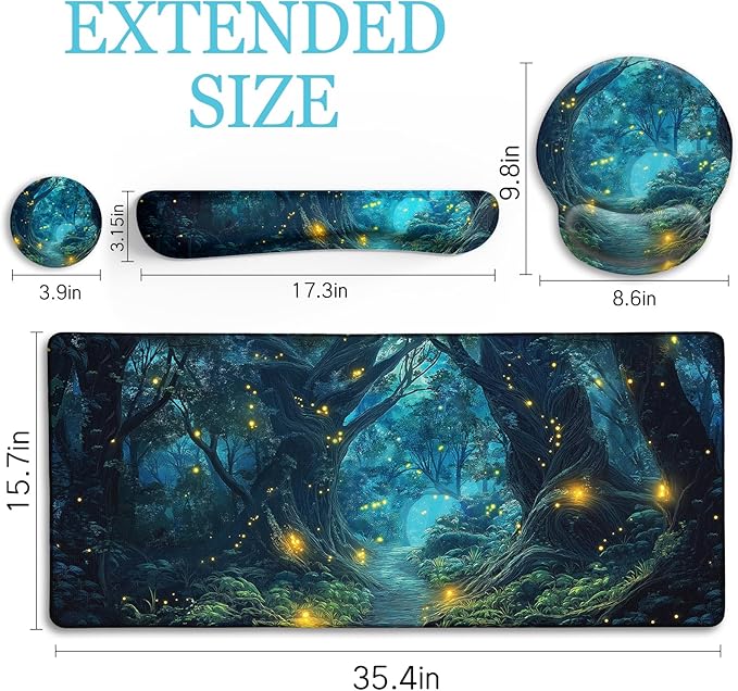 Ergonomic Mouse Pad Set Large Desk Matt for Desktop Gaming Mouse Pad Wrist Rest Keyboard Mat Cup Coaster Set Cute Office Desk Decor Accessories for Women Firefly Forest