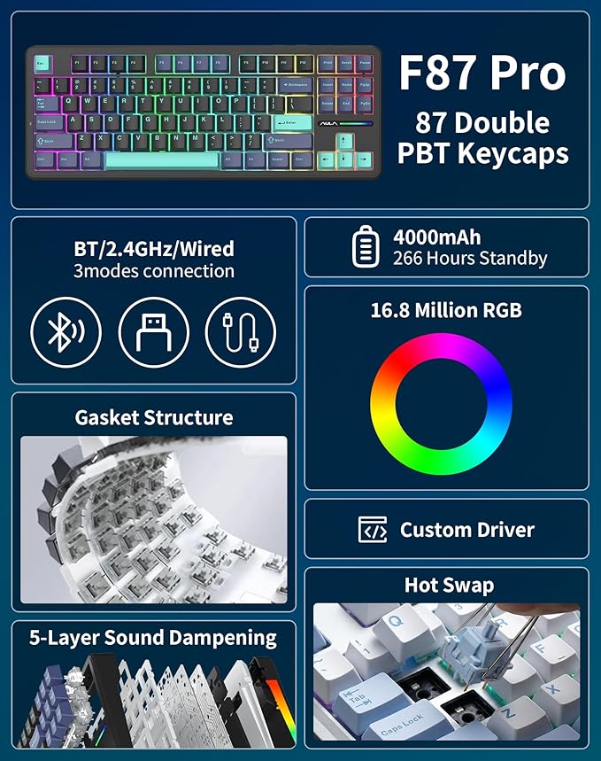 Aula F87 Pro Wireless Mechanical Keyboard 87-Key TKL Tri-Mode (BT5.0/2.4G/USB-C) Hot Swappable Gasket Mount Keyboard 4000mAh Battery RGB Backlit PBT Keycaps Custom Gaming Keyboard for PC Mac