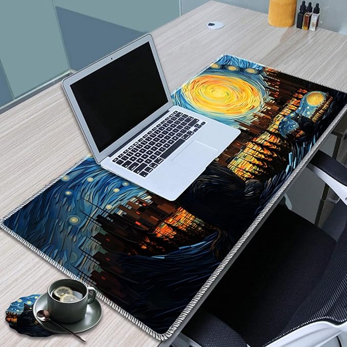 Large Game Mouse Pad + Wrist Support Pad + Coffee Coaster Desk Pad with Sewn Edges Anti-Slip Set pad Suitable for Office Work and Home - Art Moon Starry Night
