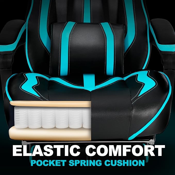 Vonesse Gaming Chairs for Adults Gaming Chairs with Footrest and Massage Reclining Computer Chair for Heavy PeopleBig and Tall Ergonomic Gamer Chair with Lumbar Pillow(Teal/Cyan)