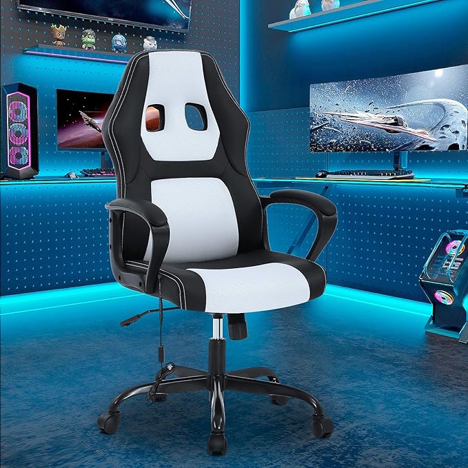 Video Gaming Chair with Massage Function Ergonomic Computer Desk Chairs Home Office Desk Chair with Lumbar Support Adjustable Height Swivel Wheels White