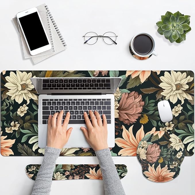 Arttown Spring Flower Desk Mat Leaves Floral Colorful Mouse Pad Set 4 in 1 Ergonomic Design Large Mousepad + Keyboard Wrist Rest + Mouse Wrist Rest + Coaster Suitable for Home Office Study Game