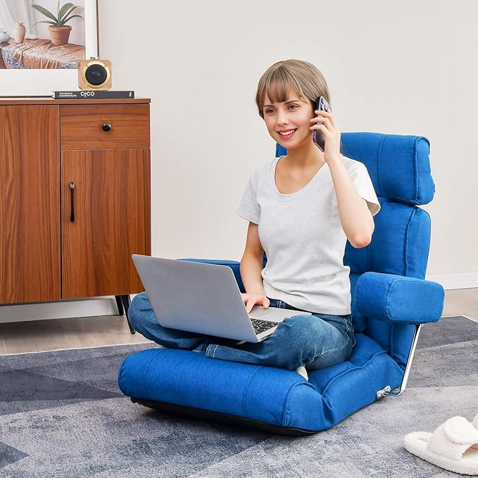 Giantex Adjustable Folding Sofa Chair - Lazy Floor Chair with Infinitely Adjustable Backrest Extendable Armrest &amp Seat Couch Recliner for Meditation Reading Gaming Floor Chairs for Adults (Blu