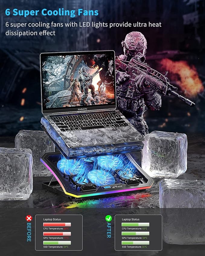 KeiBn Upgarde Laptop Cooling Pad RGB Lights Laptop Cooler 6 Fans for 15.6-17.3 Inch Laptops 7 Height Stands 10 Modes Light 2 USB Ports Desk or Lap Use (A8Blue)