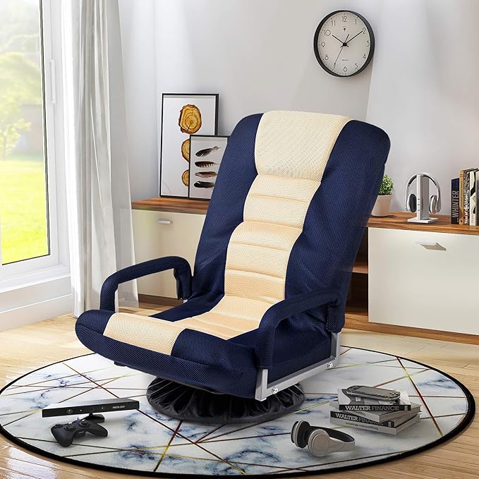 Foldable Floor Gaming Chair Video Gaming Rocker Chair for Adults 360° Swivel Comfort Armrest 7-position adjustable back for TV Reading 330 lbs Support Steel Frame Comfortable Fabrics (Blue+Beige)