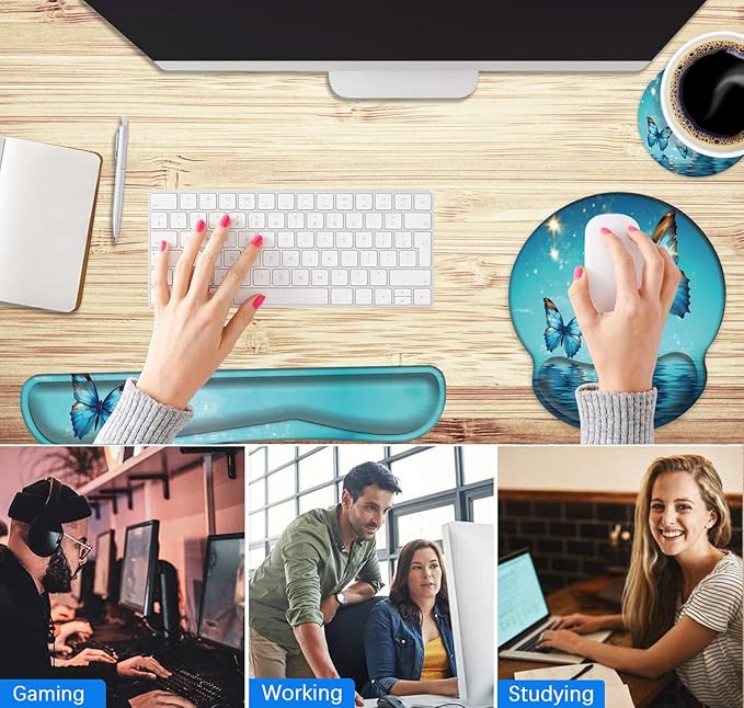 Mouse Pad Wrist Support and Keyboard Wrist Rest with CoasterNon-Slip Rubber Base Ergonomic Gaming Mousepad for Home Office Working Studying Easy Typing &amp Pain ReliefBlue Magic Butterfly Over Wat