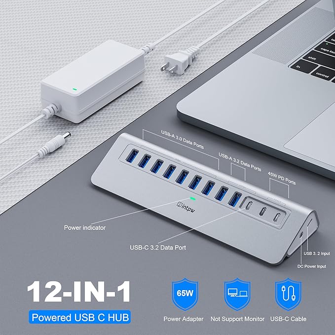 Powered USB Hub intpw 12 Port USB C Hub with 10Gbps USB C 3.2+2 USB A 3.2 7 USB 3.0 2 PD 45W Charging Port 65W Power Adapter + 3.3FT Cable Aluminum USB Hub for Laptop/iPhone 17/16/PC