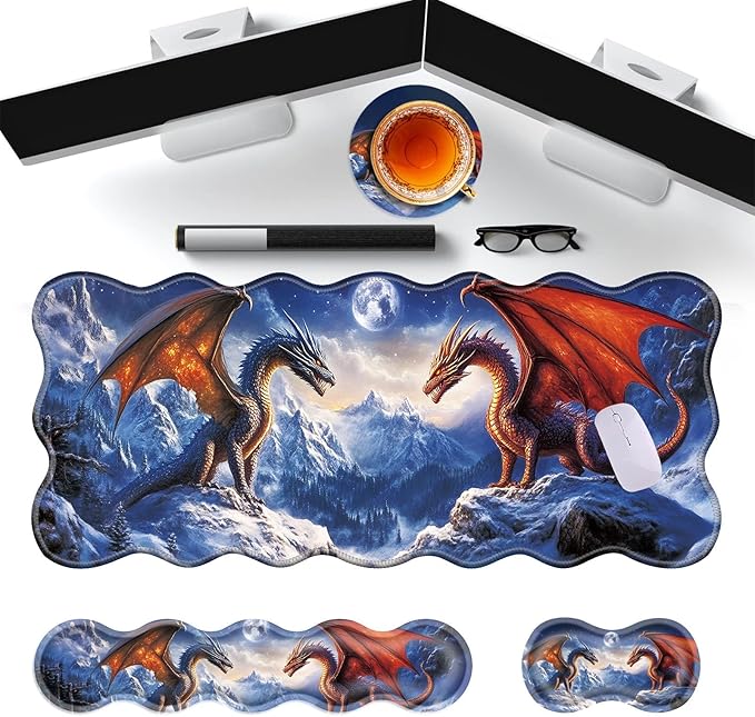 Large Gaming Mouse Pad Keyboard Wrist Rest Pad &amp Wrist Support Mousepad Set Stitched Edge Extended Non-Slip Base Memory Foam Desk Mat for Office HomeCool Dragon