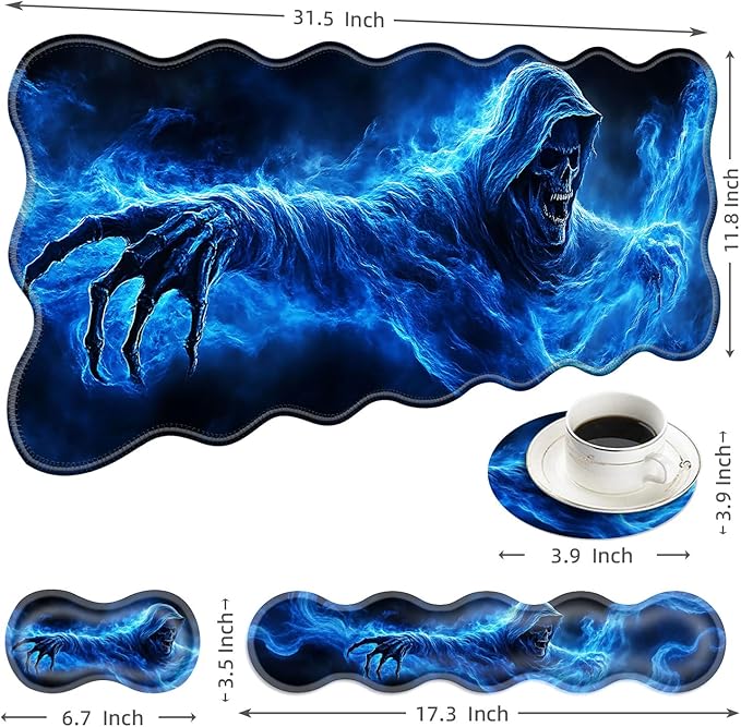 Large Mouse Pad and Keyboard Wrist Rest Desk Pad for Keyboard and Mouse 4-in-1 Large Gaming Mouse Pad with Wrist Support Desk Mat for Home Office Study Game-Smoke Skull