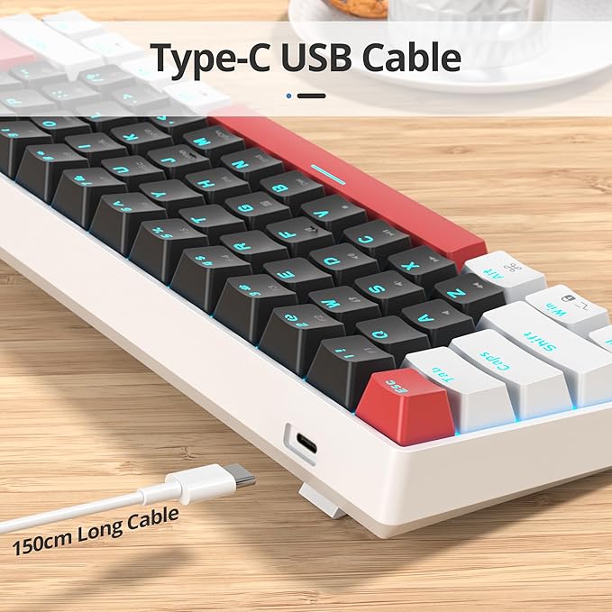 surmen 60% Mechanical Gaming Keyboard with Linear Red Switch Wired Mini Compact Keyboard 60 Percent Backlit for Laptop Desktop PC Gamers （61 Black-Ice Blue）