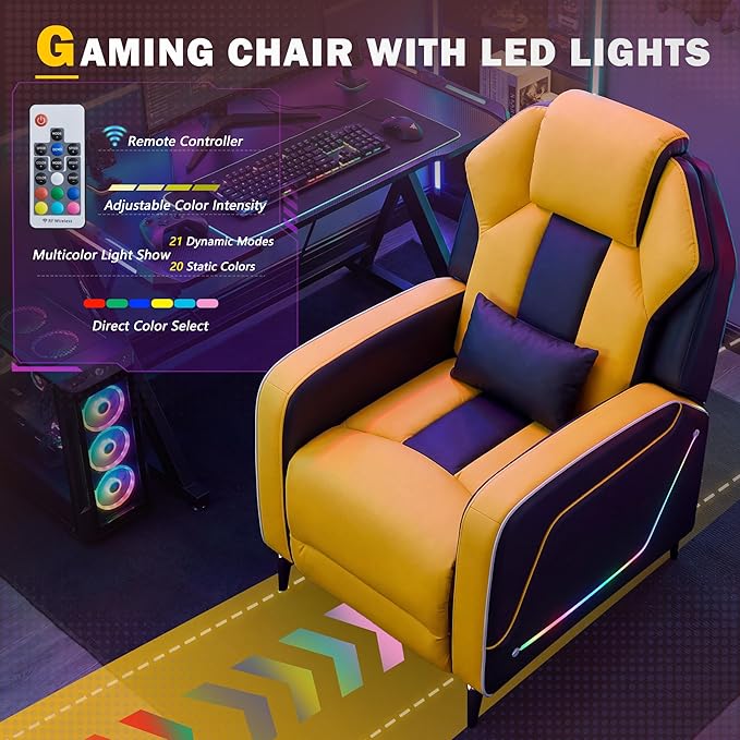 Gaming Recliner Chair with LED Lights Racing Style Big and Tall PU Leather Gaming Chair for Adults Lumbar Support Modern Ergonomic Comfortable Home Theater Seating for Living Room (Yellow)