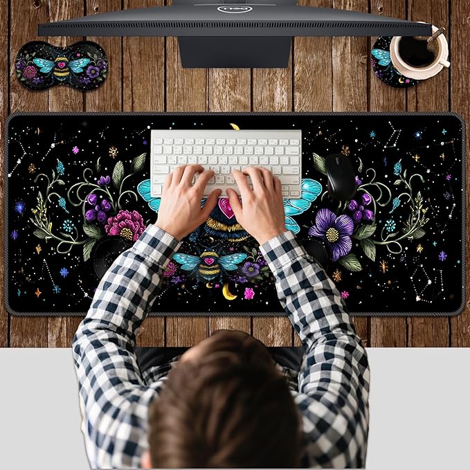 Ergonomic Keyboard Wrist Rest &amp Mouse Pad Wrist Rest SetXL Gaming Desk Mat 31.5x 11.8Non-Slip BaseMemory FoamEasy Typing Pain Relief for Office &amp HomeBee with Flowers