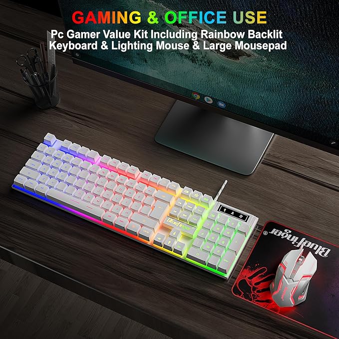 BlueFinger RGB Gaming Keyboard and Backlit Mouse Combo USB Wired LED Gaming Set for Laptop PC Computer Game and Work(White)