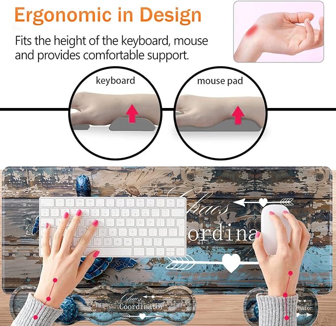 Large XXL Gaming Desk Mat 31.5x 11.8 Ergonomic Keyboard Wrist Rest &amp Mouse Pad Wrist Rest + Coaster Set Non-Slip Base Memory Foam Office and Home Chaos Coordinator