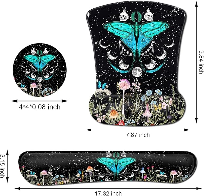 Keyboard Wrist Rest and Mouse Pad with Wrist Support Ergonomic Gel Mouse Padfor Easy Typing Pain Relief Memory Foam Keyboard Wrist RestMoth Moon Phase Witchy Black Mousepads Desktop Accessories