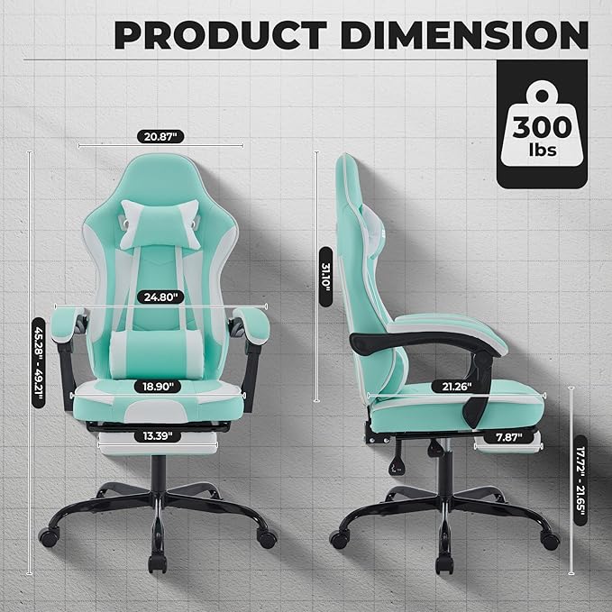 Gaming Chair with Footrest Green Ergonomic Computer Office Chair with High Back Video Game Chair with Massage Lumbar Support for Adults