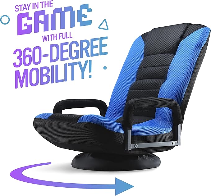 Swivel Floor Gaming Chair - Video Lounger Enjoy 6 Different Positions Adjustable Backrest Removable Arm Rests Folds to Store Stylish Blue with Black Center Stripe