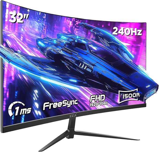 ZZA 32 Inch Curved Gaming Monitor 240Hz High Refresh Rate FHD 1920x1080P Curved 1500R HDMI 2.0/DP1.4 1ms MPRT HDR FreeSync VESA Compatible Tilt Adjustable