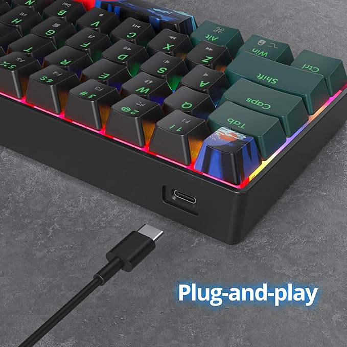 60 Percent Gaming Keyboard 68 Keys Mechanical Keyboard Rainbow Backlit Compact Wired Keyboard with Red Switch for Windows PS4/5 Xbox(68 Green)