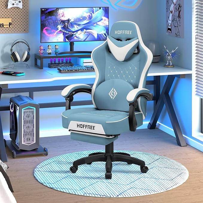 HOFFREE Gaming Chair Computer Chair with Pocket Spring Cushion Massage Game Chair with Footrest Ergonomic High Back Computer Gaming Chairs for Adults Adjustable Swivel Gamer Chair Stone Blue and White