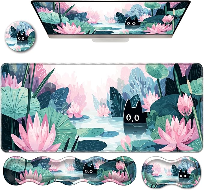 Ergonomic Keyboard Wrist Rest &amp Mouse Pad Wrist Rest SetXL Gaming Desk Mat 31.5x 11.8Non-Slip BaseMemory FoamEasy Typing Pain Relief for Office &amp HomeBlack Cat in Lotus Pond