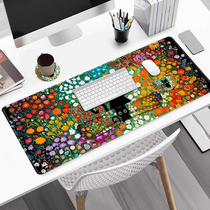 Large Gaming Mouse Pad Set 4 in1 Ergonomics Keyboard Desk Mat w/Memory Foam Wrist Rest Computer Extended Game Mousepad Non-Slip Desk Matt Easy Typing Pain Relief I Multicolored Flower Cat