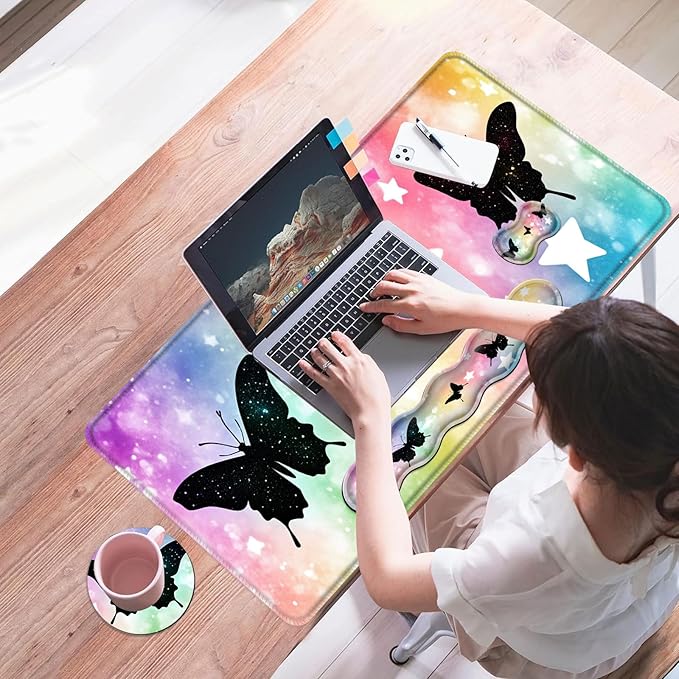 Mouse PadLarge Desk Mat Set 4in1 XL Mousepad + Keyboard Wrist Rest+Mouse Wrist Rest+Coaster with Ergonomic Desk Pad for Home Office Table Computer Cover -Butterfly Silhouettes and Stars