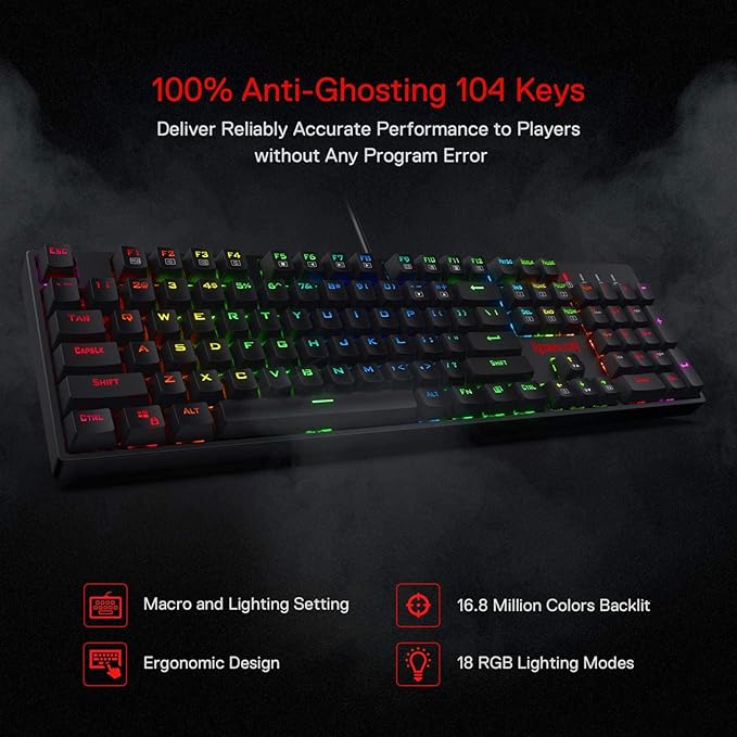 Redragon K582 RGB Mechanical Gaming Keyboard 100% 104 Keys Standard Layout Gaming Keyboard with Double-Shot ABS Keycaps Dynamic 16.8M RGB Backlit &amp Linear Red Switch Redefine Software Supported