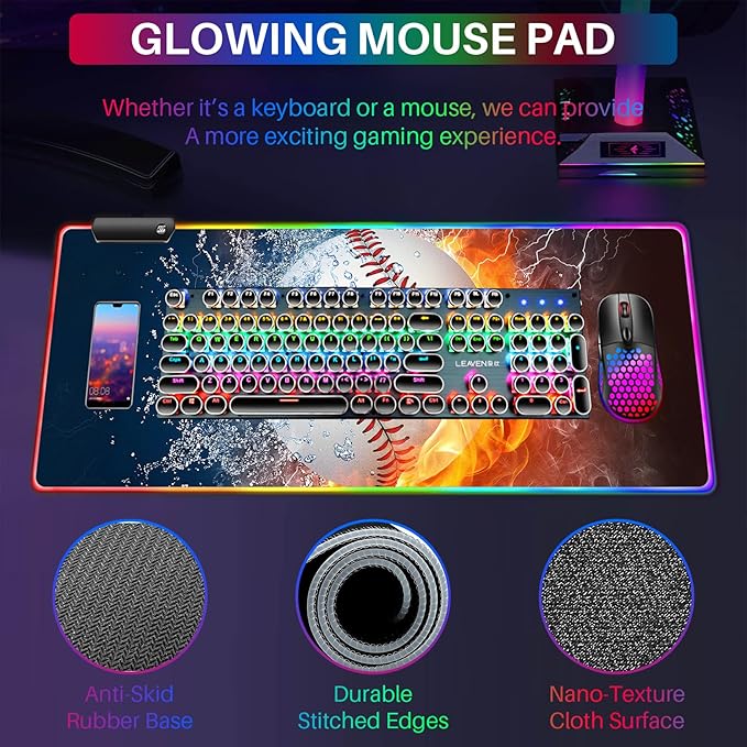 XL RGB Gaming Mouse Pad with 14 Light Modes - Light Up Gamer Mouse Pad31.5 x 11.8in Non-Slip Baseball Style Led Large Gamer MousepadBlack Long Glowing Gaming Accessories for DeskWaterproof