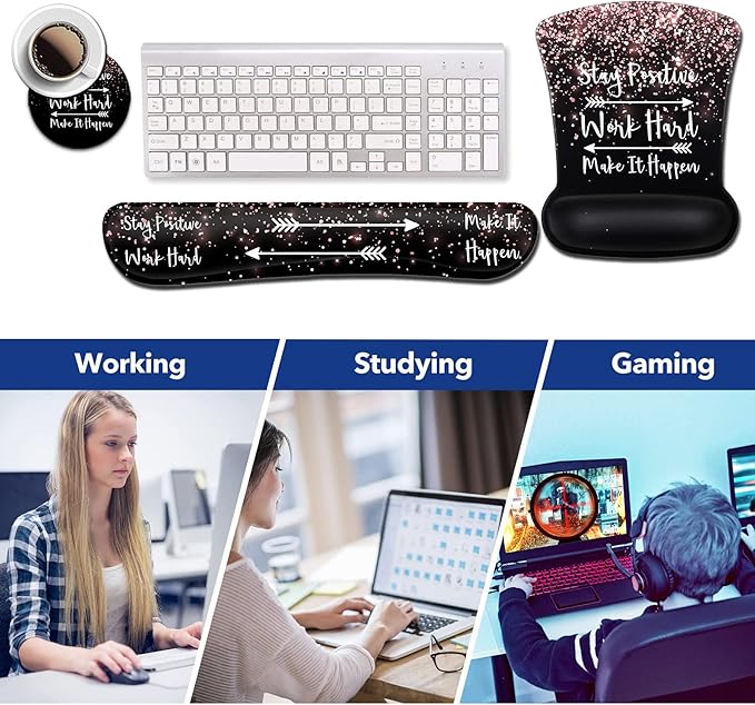 Ergonomic Gel Mouse Pad with Wrist Support Keyboard Wrist Rest Non-Slip PU Base for Home Office Working Studying Easy Typing &amp Pain Relief Rose Gold Black MousepadStay Positive Work Hard