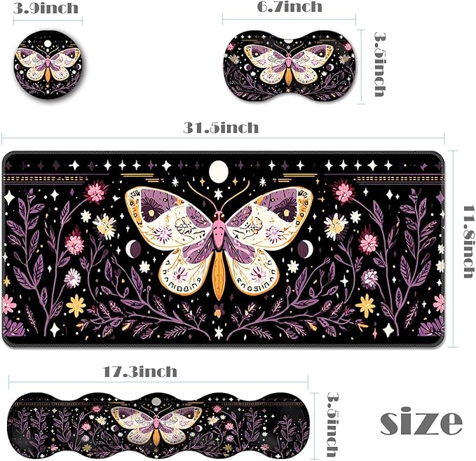 Ergonomic Keyboard Wrist Rest &amp Mouse Pad Wrist Rest SetXL Gaming Desk Mat 31.5x 11.8Non-Slip BaseMemory FoamEasy Typing Pain Relief for Office &amp HomePurple Floral Moth