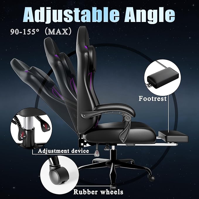 Ergonomic Gaming Chair Video Game Chair with Pocket Spring Cushion and Footrest Height Adjustable Computer Chair with Swivel Seat and Headrest (Purple)